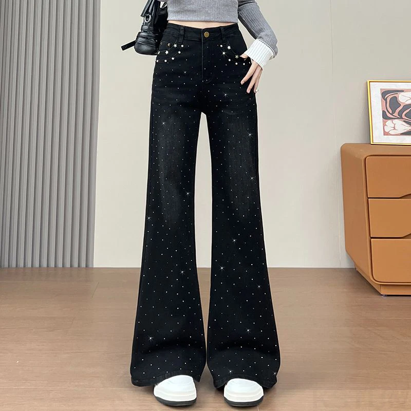 KSTUN Micro-Flared Jeans For Women High-end Black Studded Diamond Ladies Bell-bottoms Trousers High Waist Stretch Denim Pants