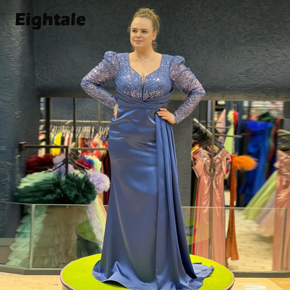 Eightale Plus Size Evening Dresses Sparkly Long Sleeves Satin Mermaid Arabic Prom Party Gowns Vestidos Para Eventos Especiales