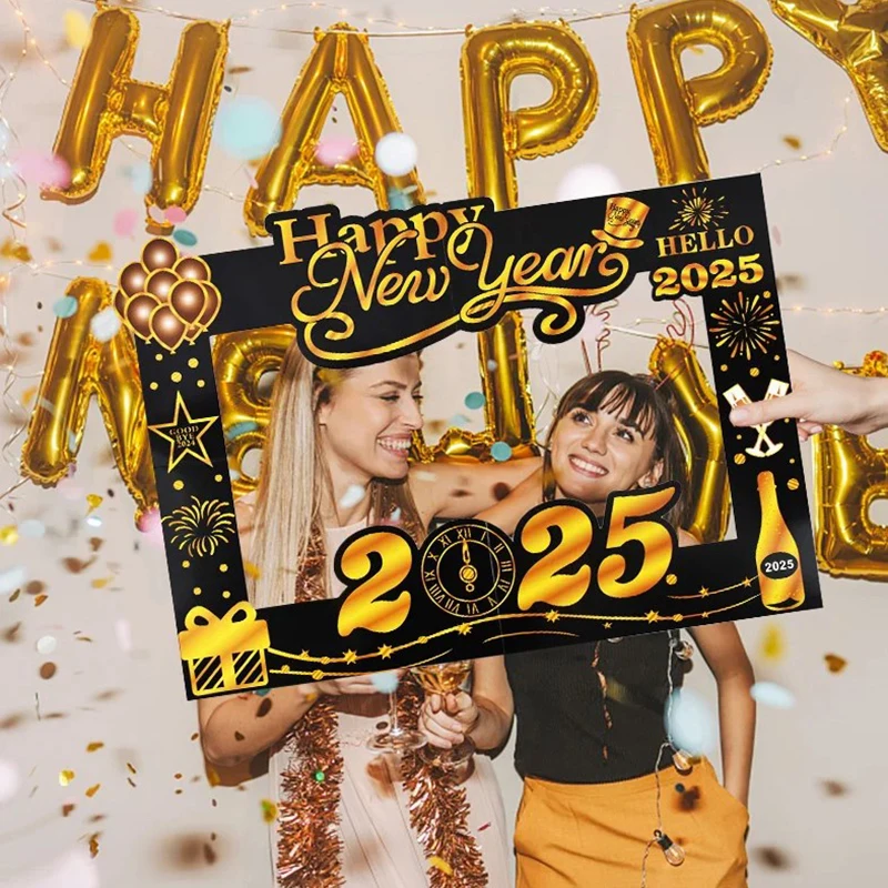 1pcs 2025 Happy New Year กระดาษกรอบรูปกระดาษ Photo Booth Props Family Eve Party ตกแต่ง Photobooth