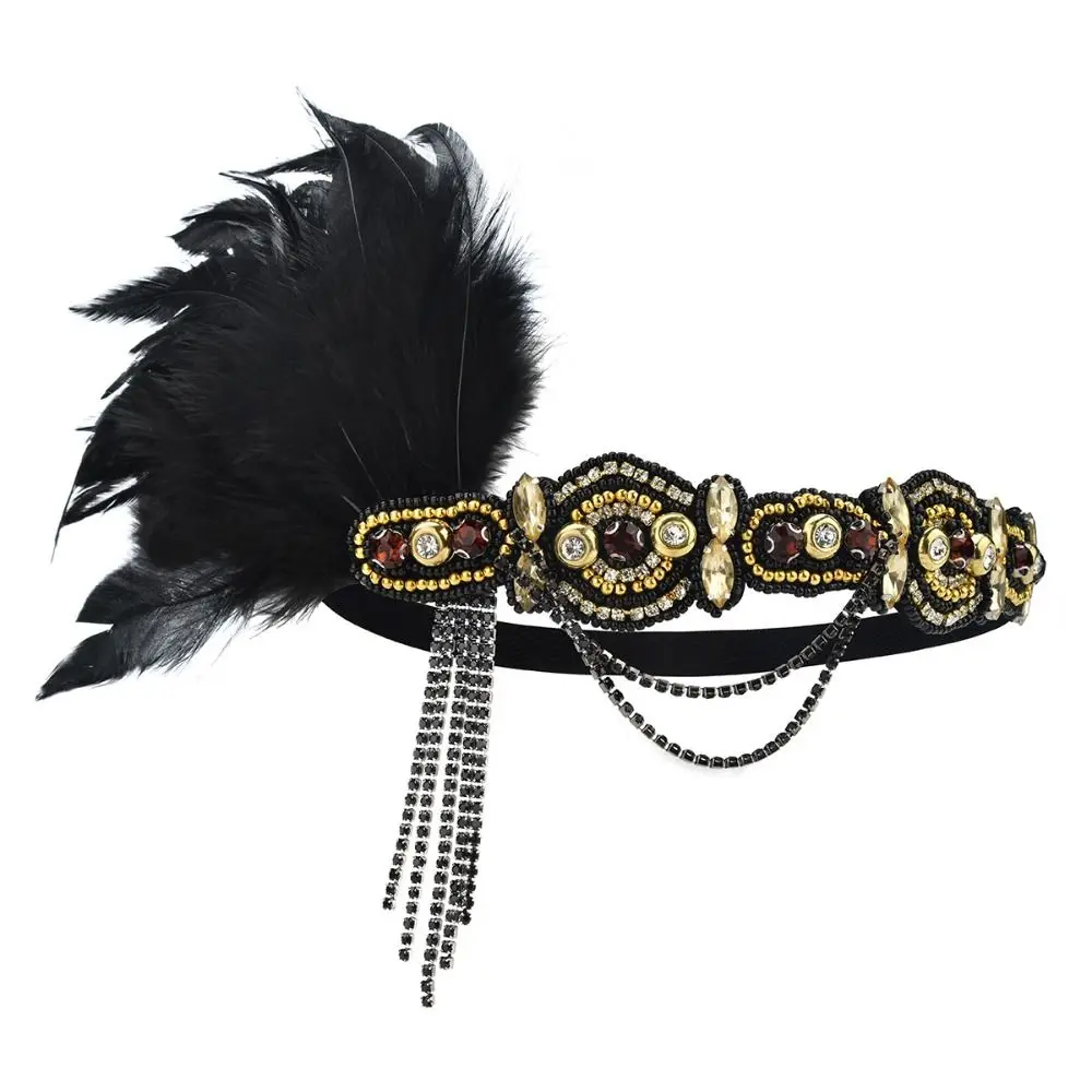 Trendy Vintage Gatsby Style Feather Headband Crystal Fascinator Cosplay Dress Headwear Rhinestone Elegant Flapper Headband Girls