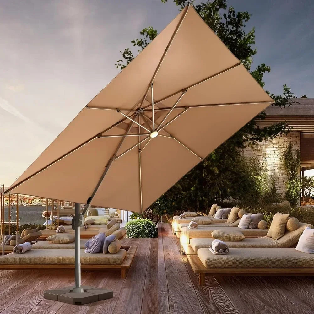 

10x10 Foot Cantilevered Terrace Umbrella with Solar Lights, Courtyard Umbrella, and Outdoor Terrace Umbrella with Base