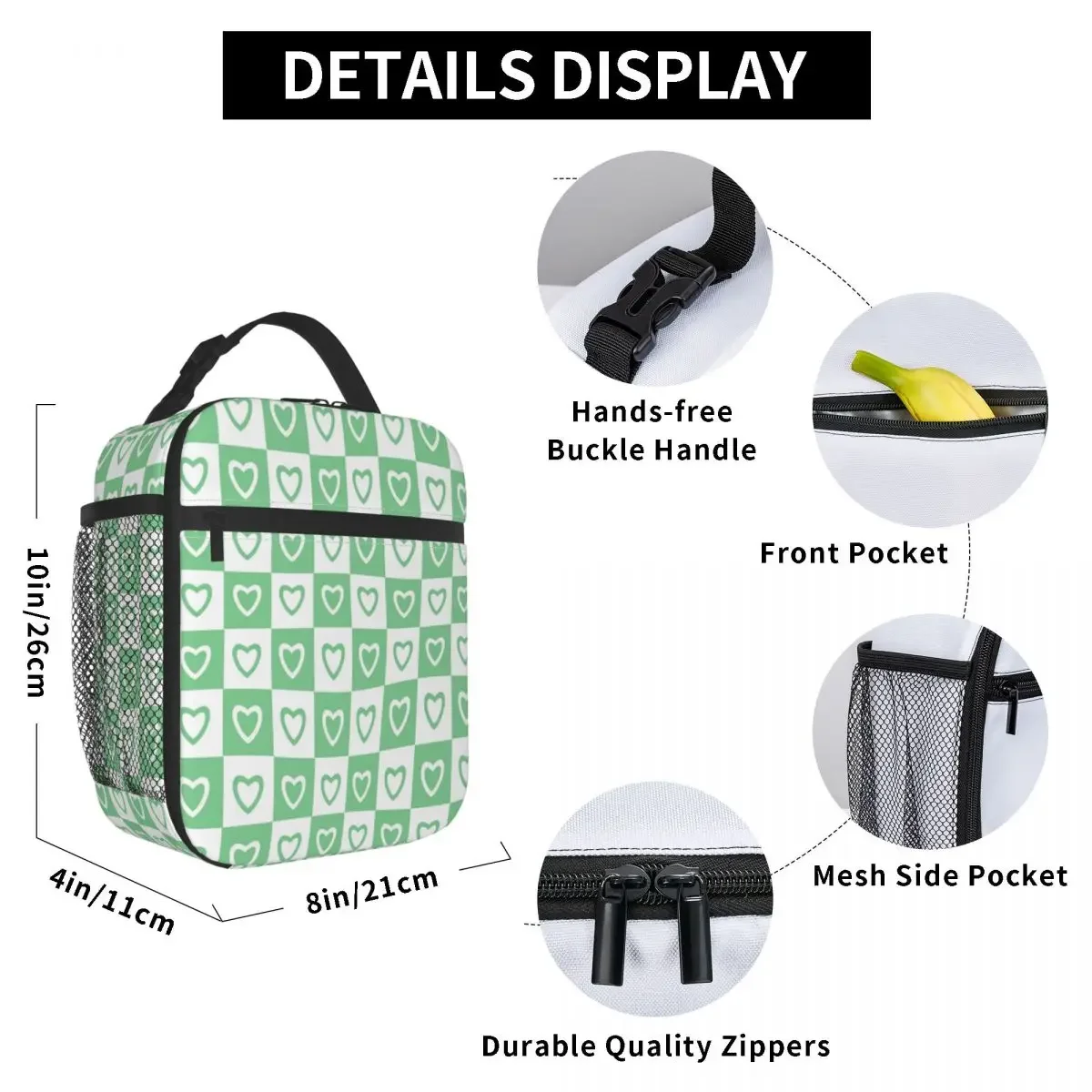 Custom Green White Hearts Checkered Pattern Insulated Lunch Bag for Work School Leakproof Thermal Cooler Lunch Box Unisex