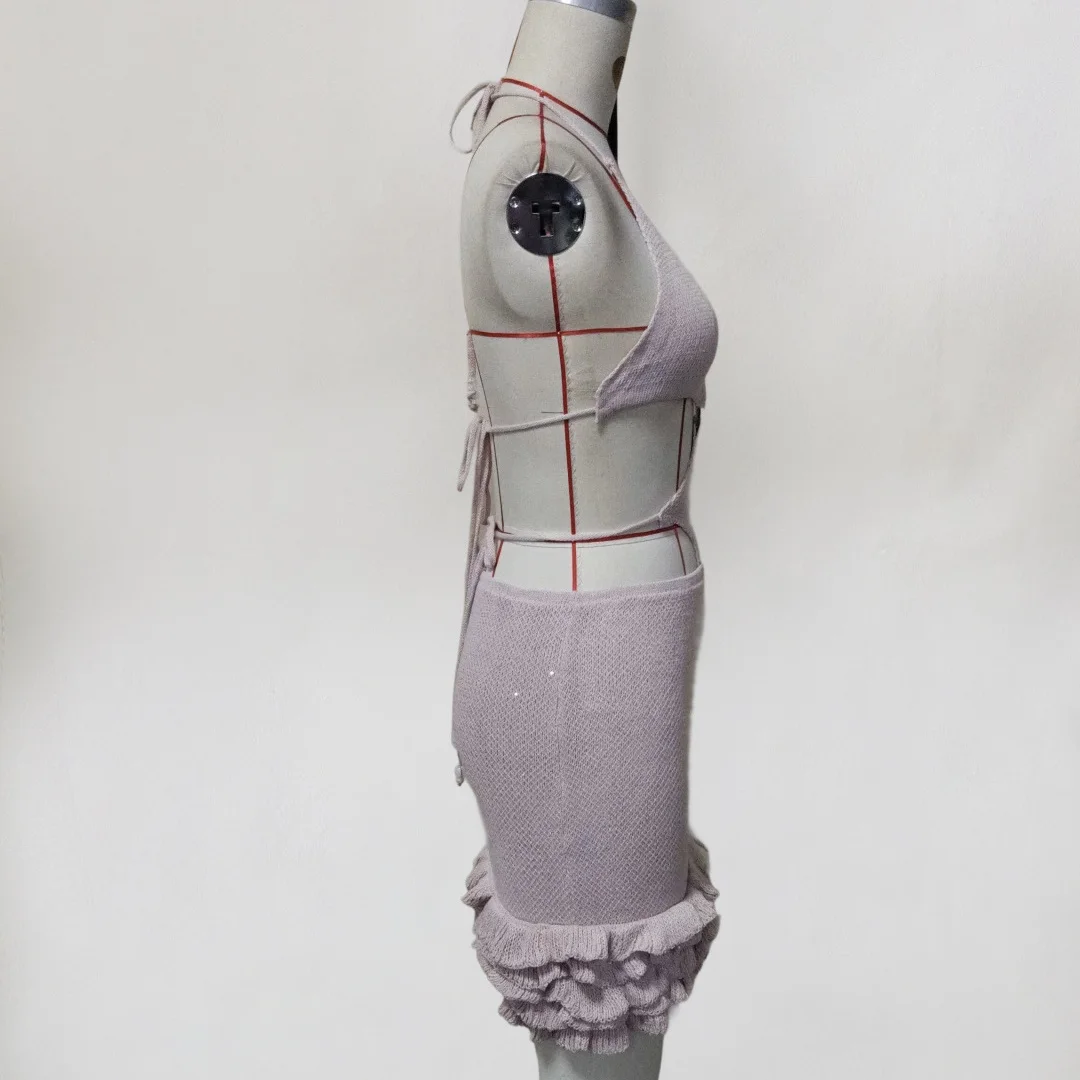 Sexy, ausgeschnittenes, gerüschtes, halterneckiges, gehäkeltes, gestricktes Tunika-Strandkleid, Strandkleid, Strandmode, Damenmode V8234 – Detail 10