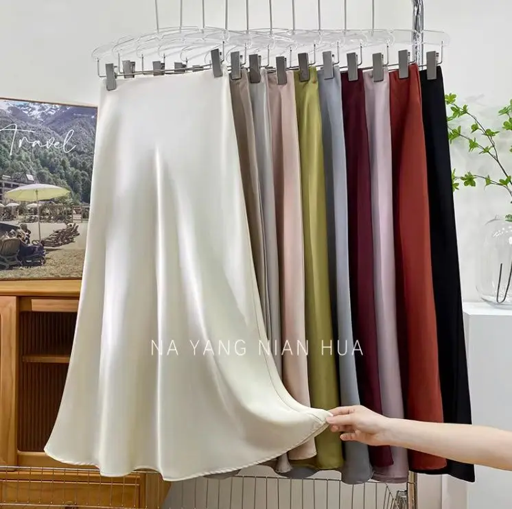 Elegant Satin High Waist Skirts Women Elegant Luxury Korean Long Maxi Mermaid Skirt Casual Office Ladies A-line Skirt