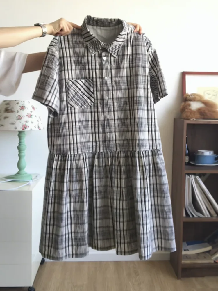 Été nouveau Sle coréen rétro col Plaid ort Sve Dr femmes petite taille t-shirt style décontracté Dr taille haute a-ligne...