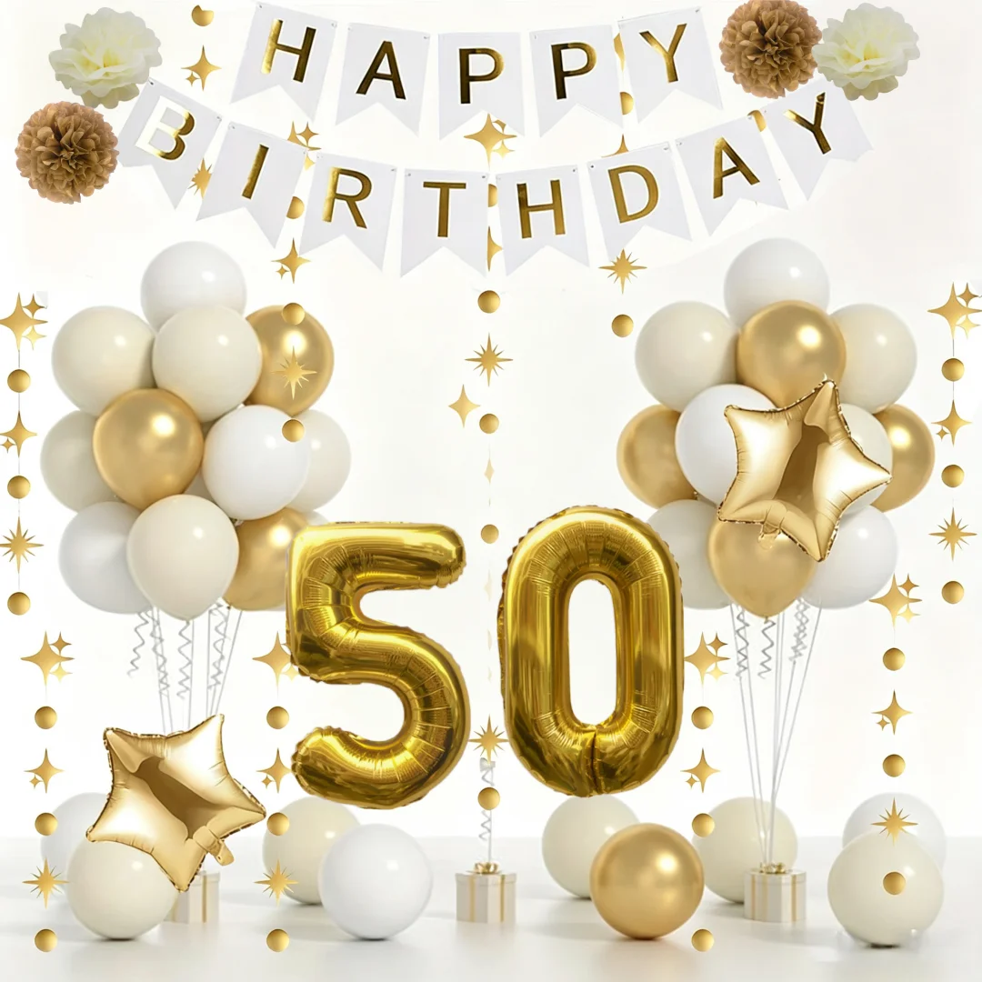 66-teiliges Set für 50. Geburtstagsdekoration und Partyzubehör, Ballongirlande, Happy Birthday Banner, 32-Zoll-Ballons mit der Zahl "50", 10-Zoll-Ballons in Weiß und Sandgold.