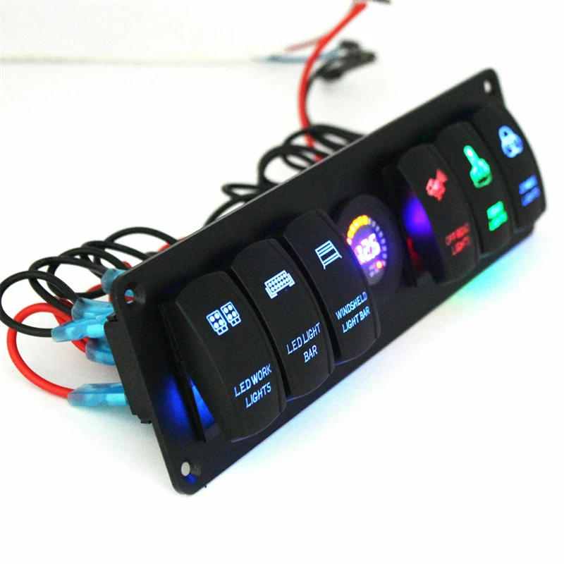 6 Gang Toggle Rocker Switch Panel Colorful LED Voltmeter for RV Car Marine Boat