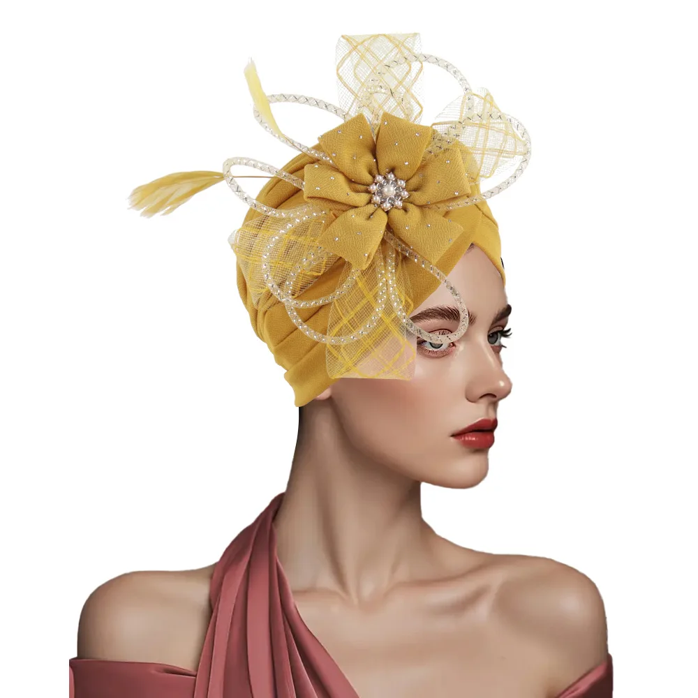 Amazon AliExpress New Exaggerated 3D Feather Large Flower Turban Hat Headwrap for Daily Outing Church Mother