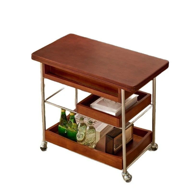 Solid wood coffee table trolley foldable movable rectangular medieval side table stainless steel movable side table small