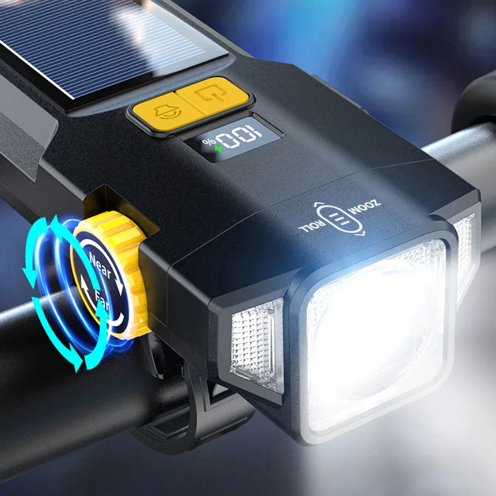 مصباح أمامي للدراجة بالطاقة الشمسية USB قابل لإعادة الشحن لركوب الدراجات، مصباح أمامي آمن 4000 مللي أمبير في الساعة، مصباح يدوي للدراجة عالي السطوع لركوب الليل