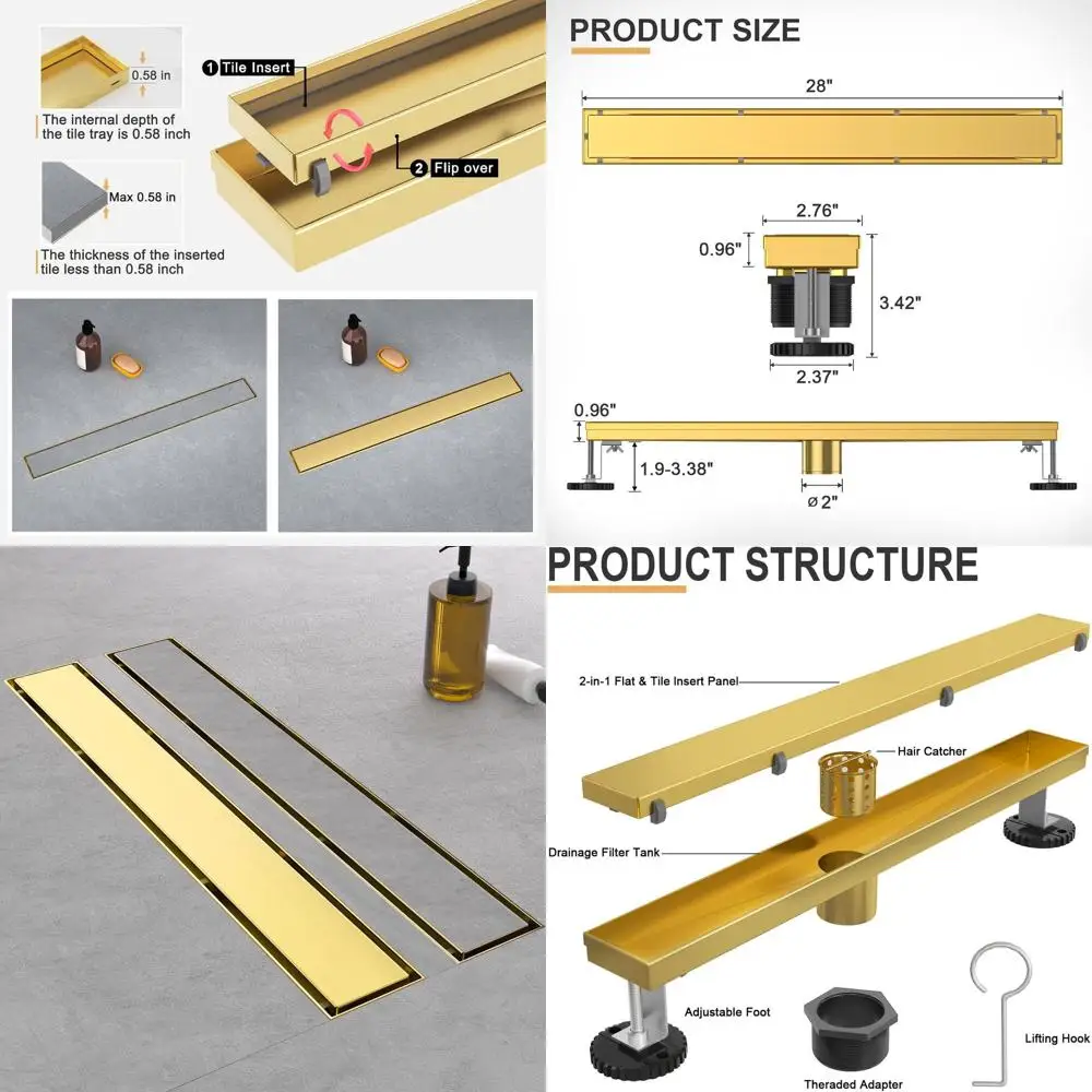 

28 Brushed Gold 304 SS Shower Drain, Tile Insert, Adjustable Feet, Hair Catcher for Bathroom & Balcony
