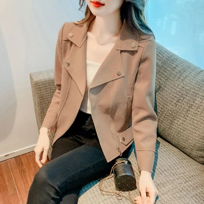

Buckskin Velvet Short Jacket for Women New Spring Autumn Style Slim Fit Versatile Motorcycle
