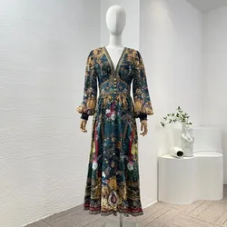 Silk Green Floral Print Long Sleeve Diamonds Pressed V-Neck Midi Dress 2024 New Arrivals Spring Summer Elegant Women Clothing