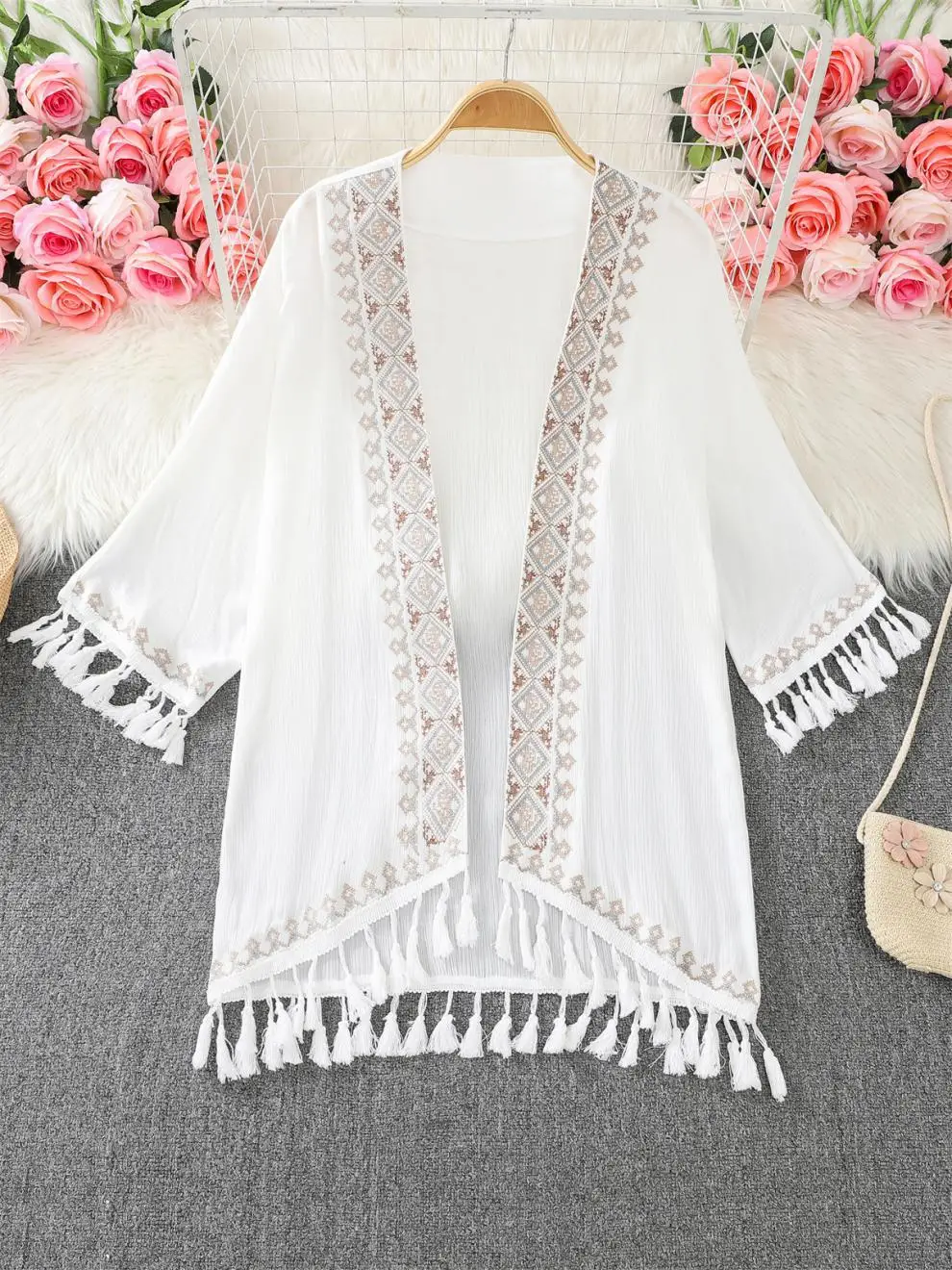 Bohemian retro national wind suntan Heavy embroidery cardigan coat women fringe holiday top summer