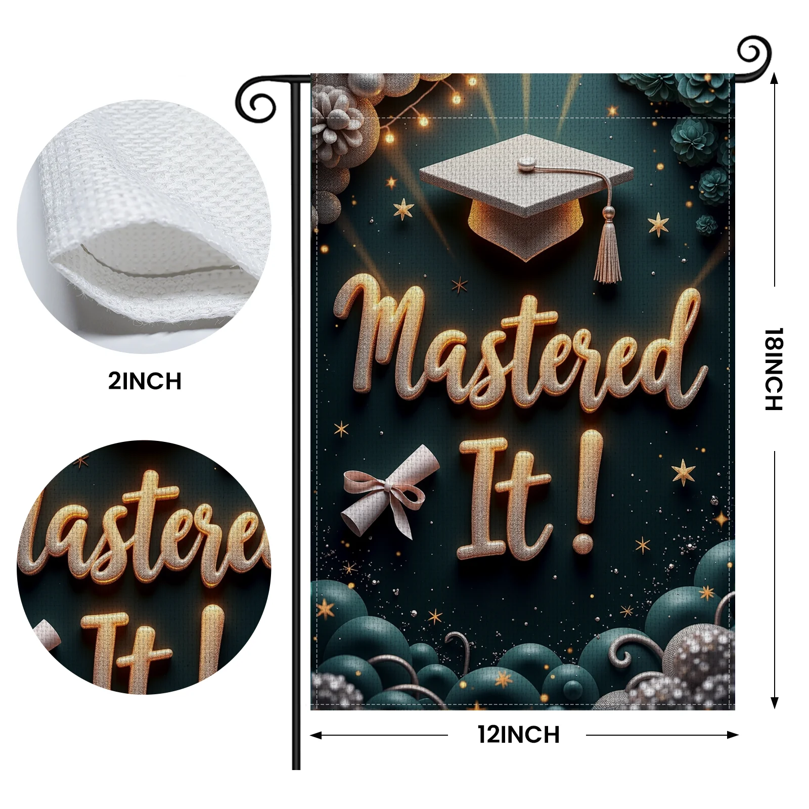 Glittery Mastered It Graduation Garden Flag Dark Green Master's Degree Banner Sparkly Academic Success Flag for Graduation Party