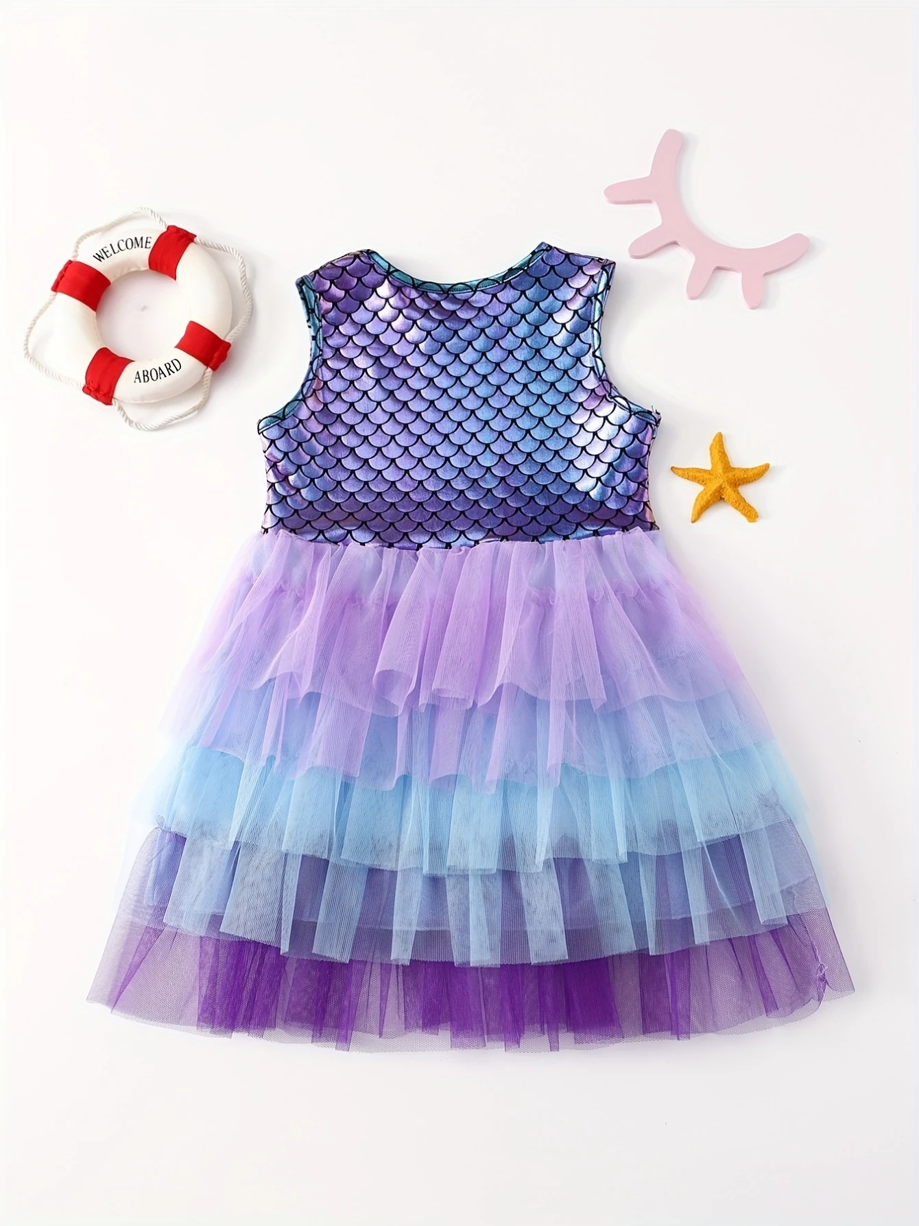 Girls Ombre Mermaid Tutu Dress Sleeveless Layered Tulle Party Costume