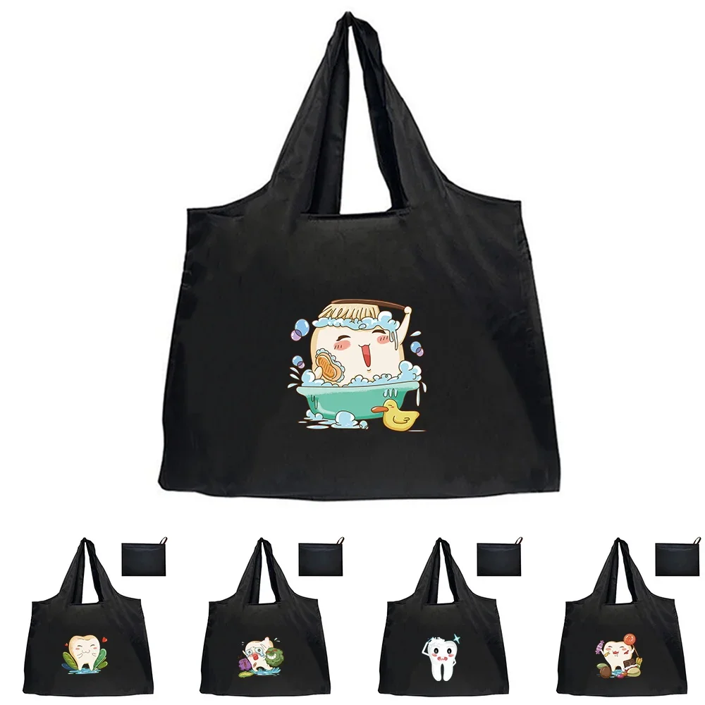 Shopping Folding Pouch Handbags Picnic Storage Bag Large-Capacity for Travel Grocery Tote Beach Bag Cute Anime Teeth Print 2026