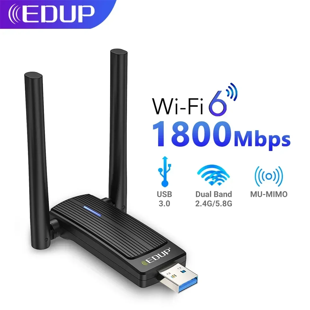 EDUP WiFi6 USB WiFi محول 1800Mbps ثنائي النطاق AX1800 2.4G/5 جيجا هرتز بطاقة الشبكة واي فاي دونغل MU-MIMO USB3.0 للكمبيوتر المحمول ويندوز
