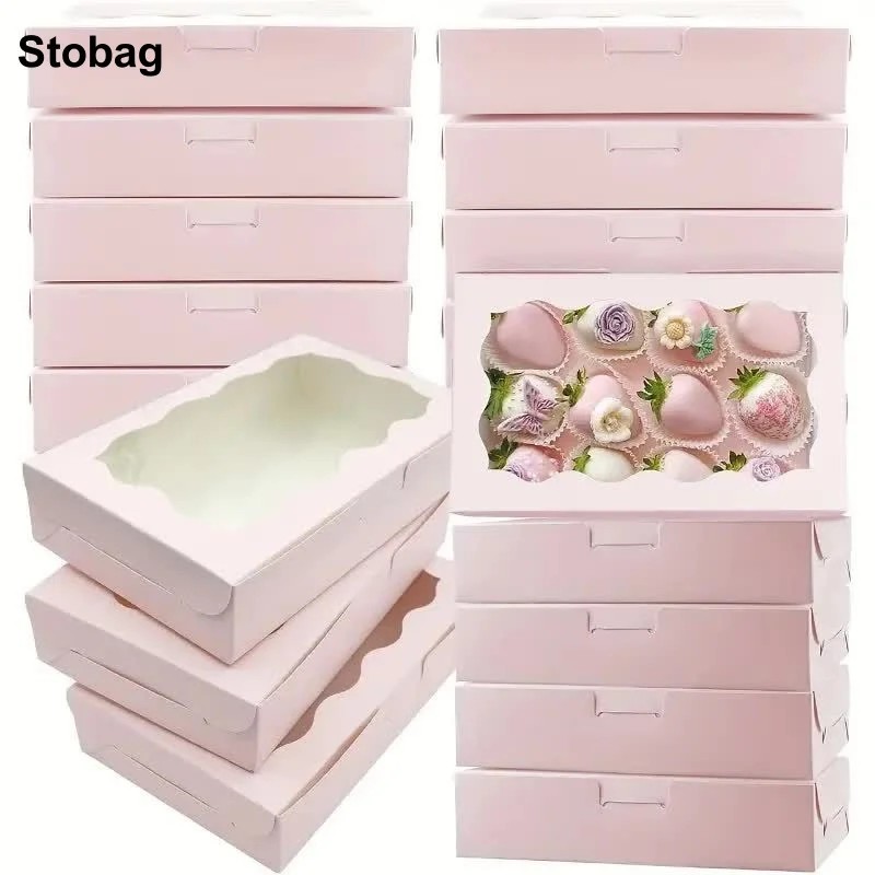 

StoBag 20/40pcs Wholesale Pink/White/Black/Kraft Paper Gift Box with Window Packaging for Chocolate Cake Candy Storage Baking