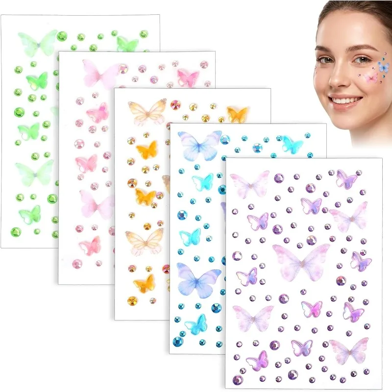 5 Sheet 3D Butterfly Face Gem Stickers, Self Adhesive Rhinestones for Women, Nails, Face Makeup, Scrapbooking, Laptop, Cup