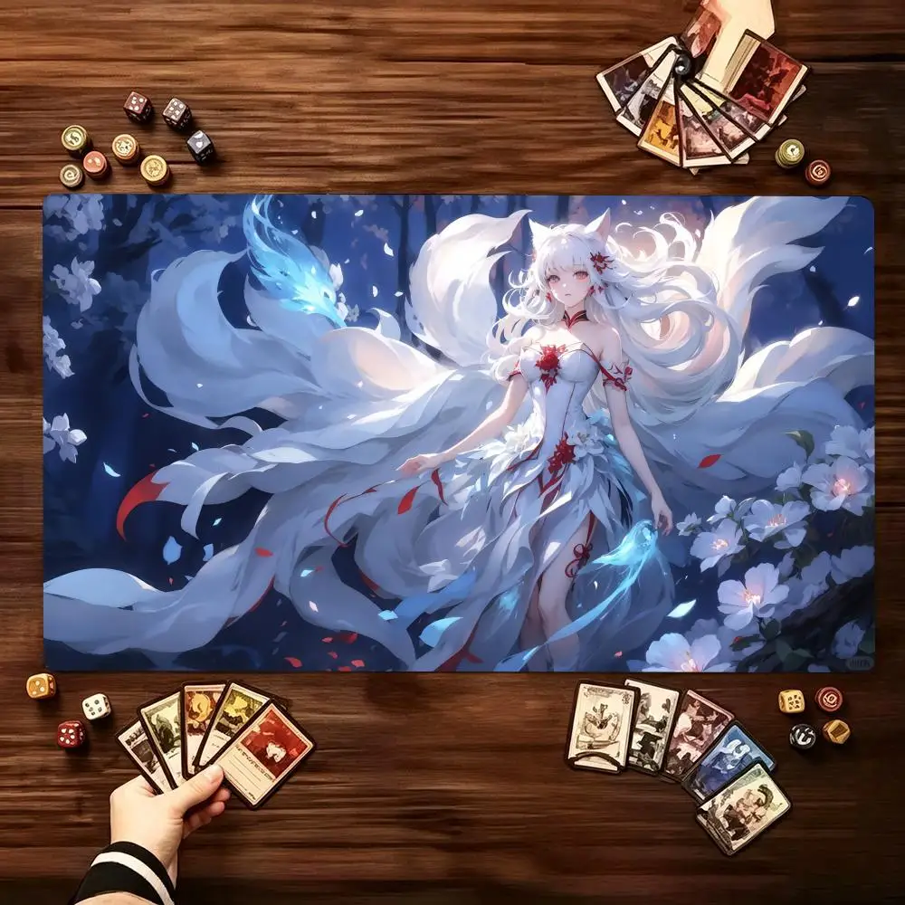 Anime Nine Tailed Fox Girl Art Large Game Playmat Non Slip Rubber Table Mat Trading Card Game Desk Pad For Gaming Office Daily