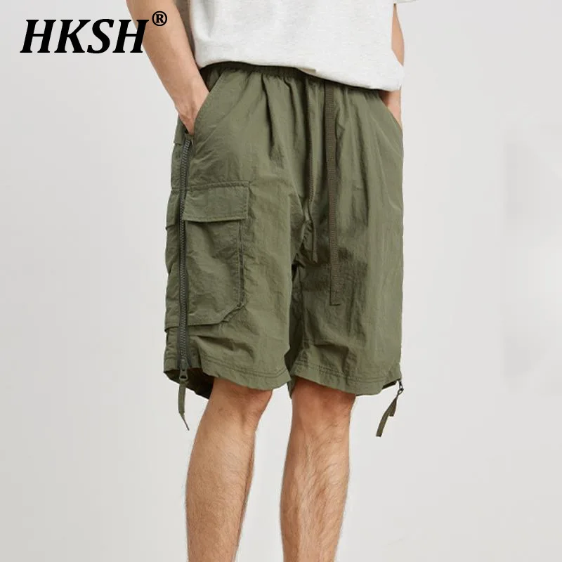 HKSH Summer New Men's Tide Ice Silk Quick Dry Safari Style Shorts Thin Trendy Side Zippers Design Loose Half Length Pants HK3553