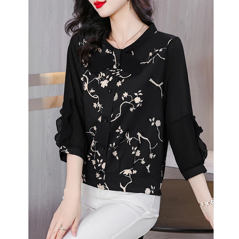 Women\'s Korean Fashion Print Ruffle Bow Elegant Blouse Office Lady Casual Chic Chiffon Shirt Spring Summer 3/4 Sleeve Slim Tops