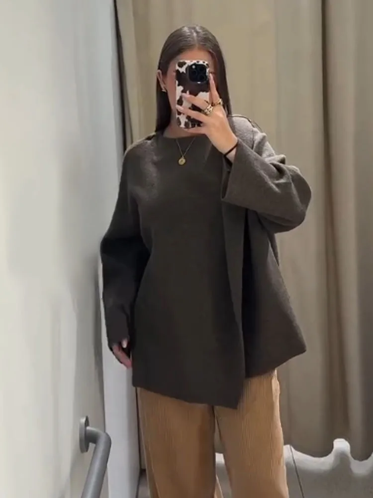 HH-abrigo de estilo callejero para mujer, cárdigan de punto a cuadros de otoño, bufanda elegante con cuello, decoración de bolsillo, abrigo corto holgado de manga larga