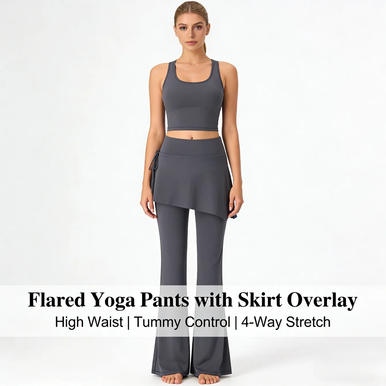 

Брюки для йоги с высокой талией и подтяжкой ягодиц для женщин, расклешенный дизайн 2-в-1 с накладкой на юбку, спортивная одежда для пилатеса и спортзала