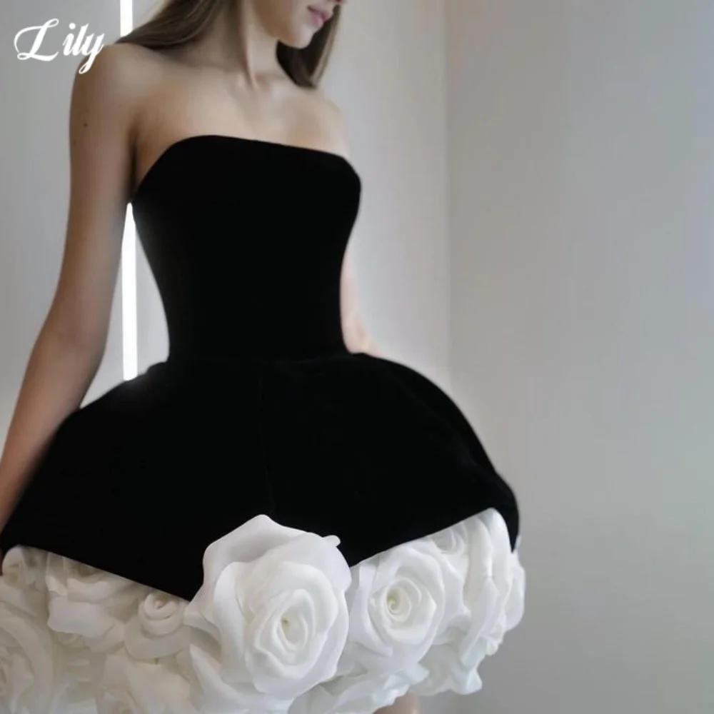 

Lily Black A-Line Mini Prom Dresses Strapless 3D-Flowers Short Party Dress Velvet Princess Birthday Dress for Woman Customized