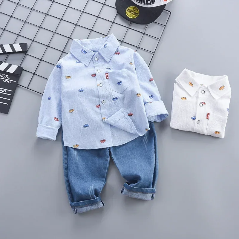 2024 New Spring Autumn Toddler Boys Clothing Set Cartoon Car Lapel Shirt + Pants 2Pcs Suit For Kids Children Casual Outfit