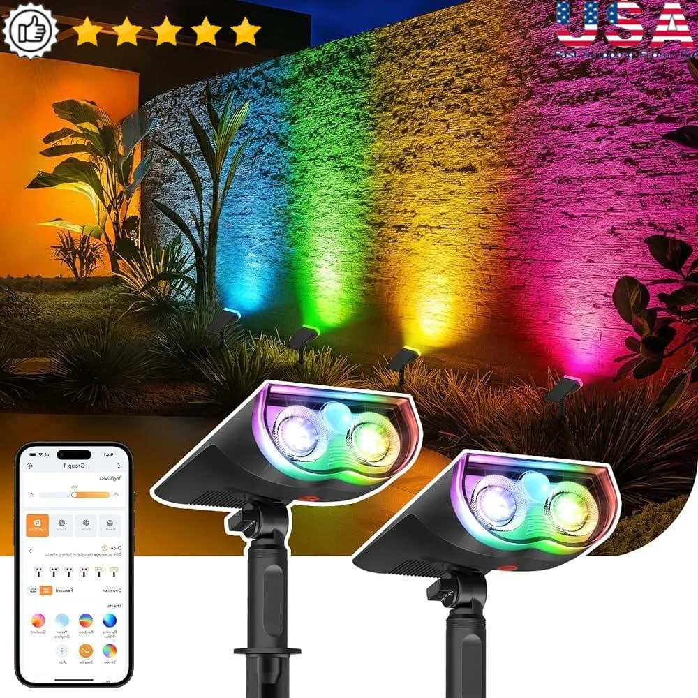 

Smart Solar Landscape Lights Outdoor Color Changing App Control Spotlight IP65 Waterproof Adjustable Brightness Music Sync Dusk