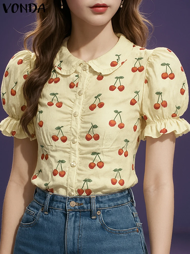 

VONDA Fashion Print Women Shirt Summer Tops Short Sleeve Blusas Buttons Streetwear Oversize Party Tunic Women's Clothing