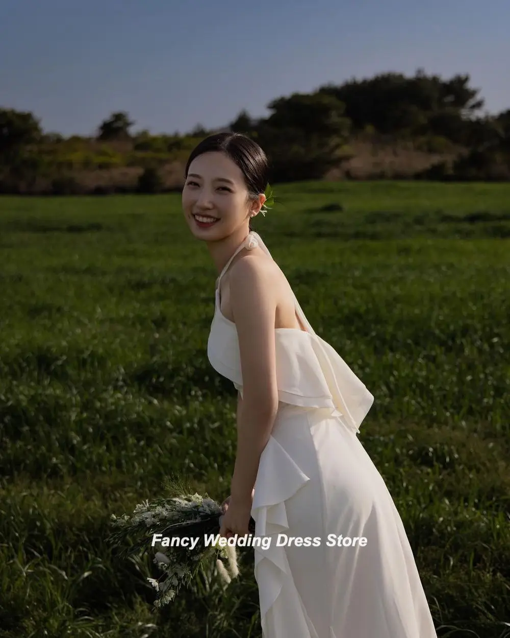 Vestido de novia de Organza sin mangas con cuello Halter de marfil, vestido de novia de línea A, sin espalda, vestido de dama de honor, elegante y Simple