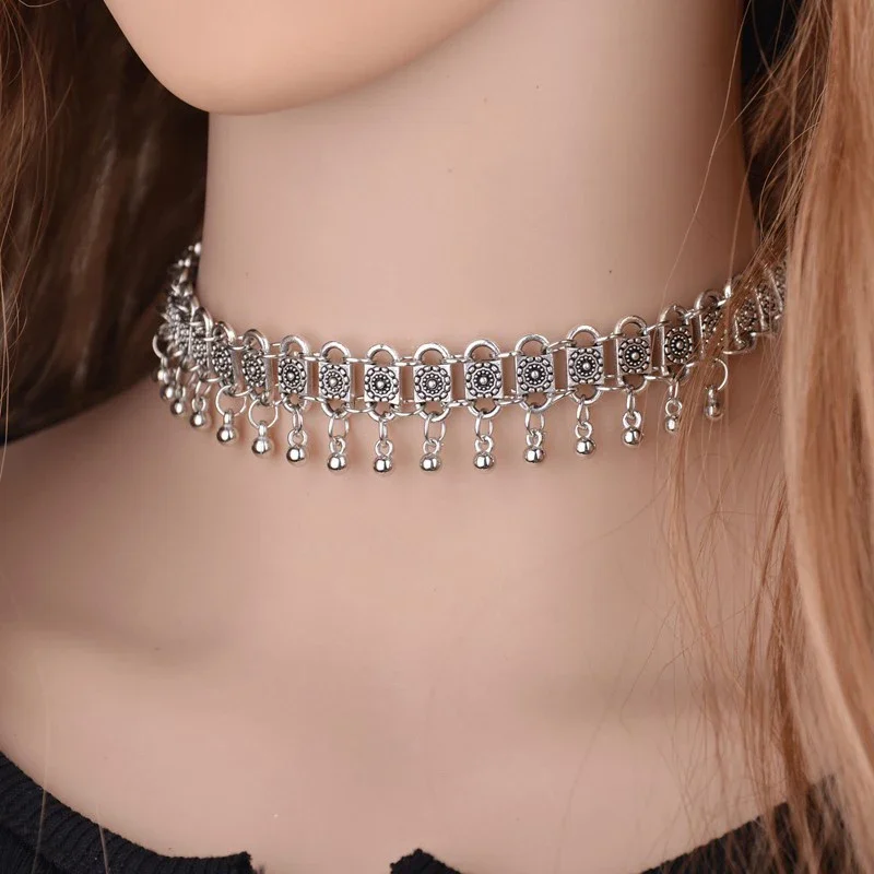 Gypsy Chainmaille Jingle Bells Choker Flower Stainless Steel Clavicle Necklace For Women Lady Fashion Boho Jewelry