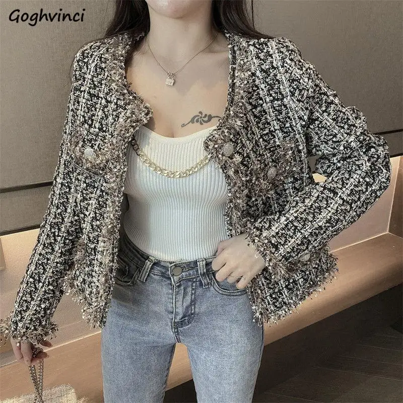 

Plaid Jackets Women Cropped British Style Vintage Temperament Winter Outerwear Gentle Designed Frayed Chic Office Lady Aesthetic