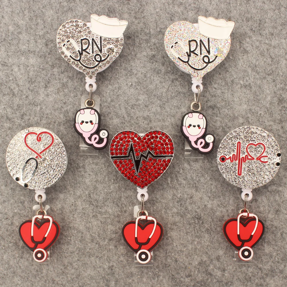 Shiny Rhinestone Style Badge Reel Nurse Doctor Workers Enfermera ID Holder Retractable Card Holder Accessory