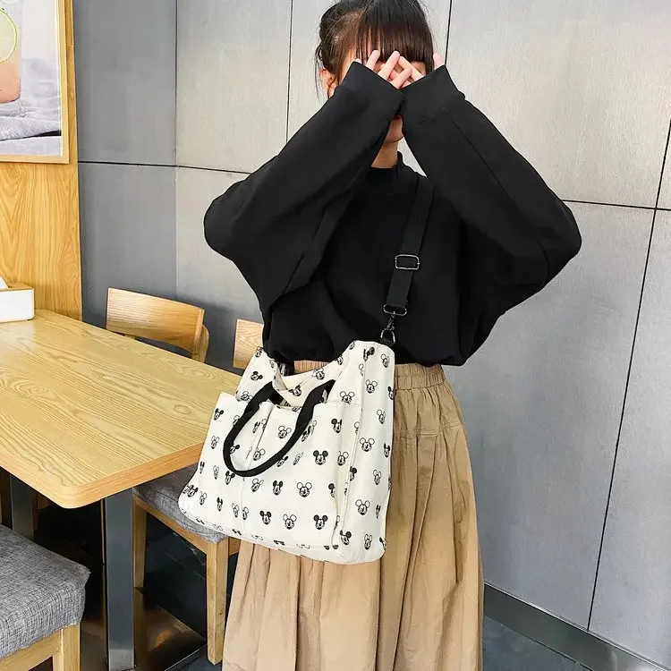 Disney Mickey Mouse Canvas Bag Women\'s Single Shoulder Class Large Capacity Japanese Hand Carrying Simple Cross-body Tote Bag