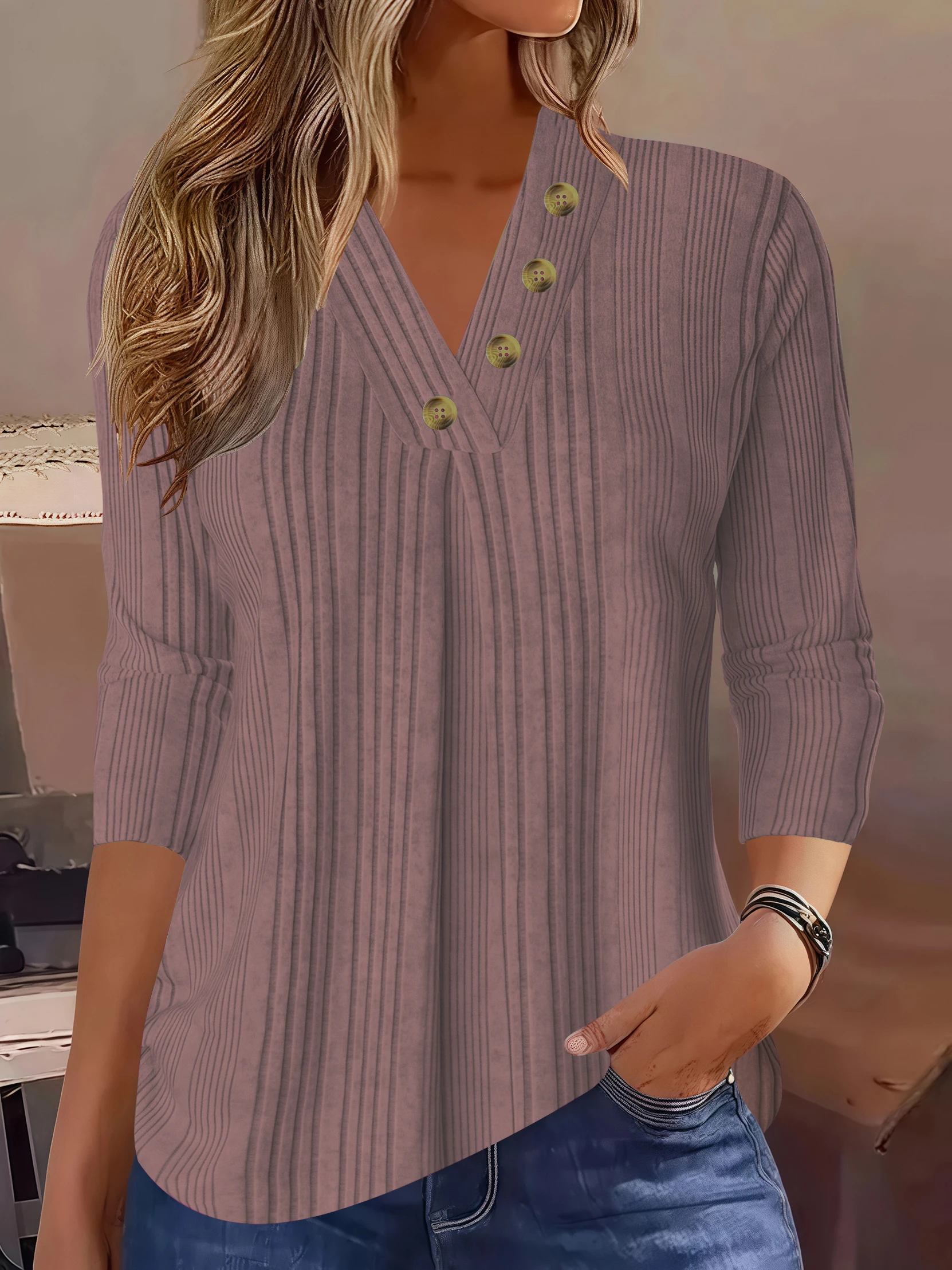 Elegante plus size blouse dames gebreide trui effen kleur V-hals button-down tuniek topshirt