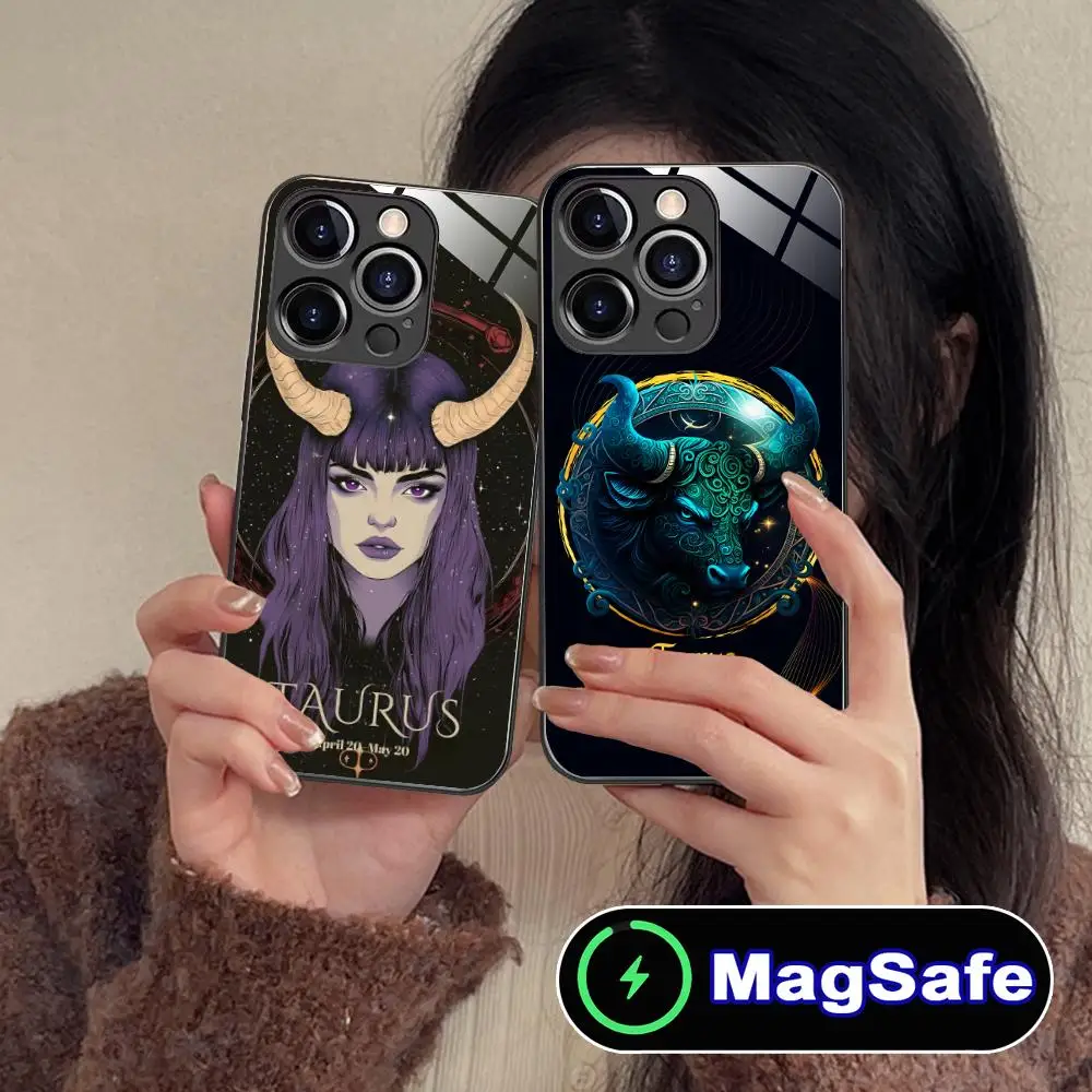 Zodiac Signs Taurus Phone Case for iPhone 16 15 14 13 12 11 Pro Max Plus Mini MagSafe Glass Colour Protective Cover Smartphone