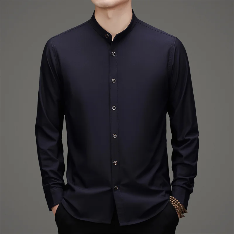 Chinese Style Stand Collar Shirts For Men Long Sleeve Exquisite Autumn Quality Softness Tang Costume Easy-Care Camisas De Hombre