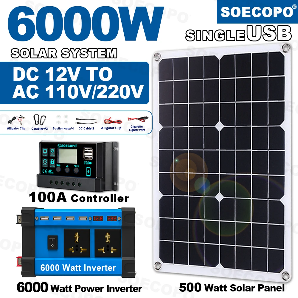 SOECOPO 6000W Solar System Complete Kit DC 12V to AC 110V/220V Inverter 100A Controller & 500W Panels Home/Camping