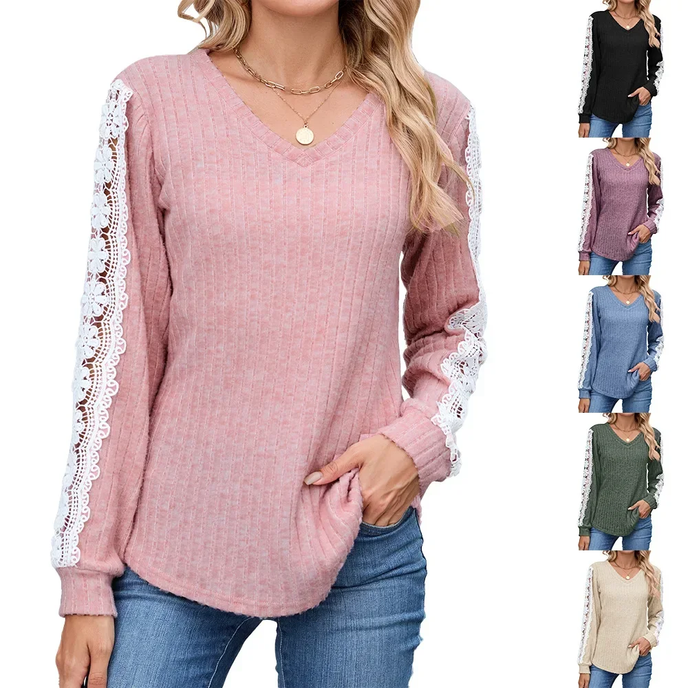 

Autumn Winter New Style Women's Top Fashionable Casual Wear Loose Long Sleeve V-Neck T-Shirt with Lace Trim Color Block Design
