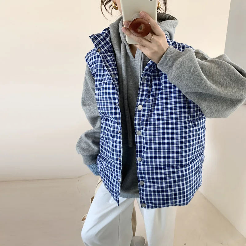 Plaid Women Parkas Vest Coat Sleeveless Jacket Stand Collar Single Breasted Thick Straight Fit Casual Office Lady 2025 Winter