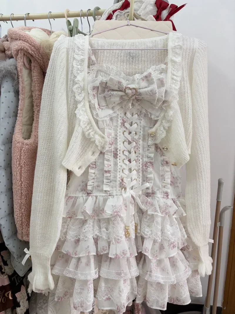 Japanese Sweet Lolita 2 Piece Cardigan Lace Floral Dress Set Women Bowknot Ruffle Mini Dress Long Sleeve Knit Cover Up Outfit image 5
