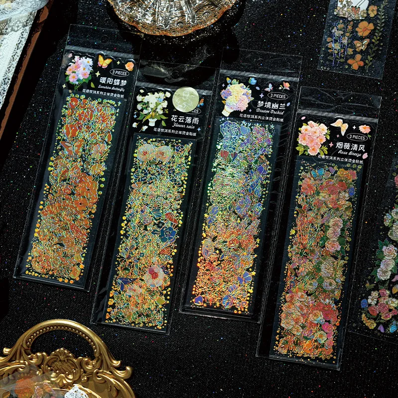 3-Sheet Long Strip Gold-Foil Floral & Plant Stickers, Decorative for Journal Borders & Craft Embellishment