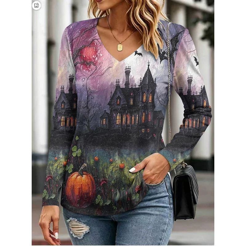 Pumpkin smiley face print: a must-have for women's everyday outfitsVComfortable long-sleeved base layer