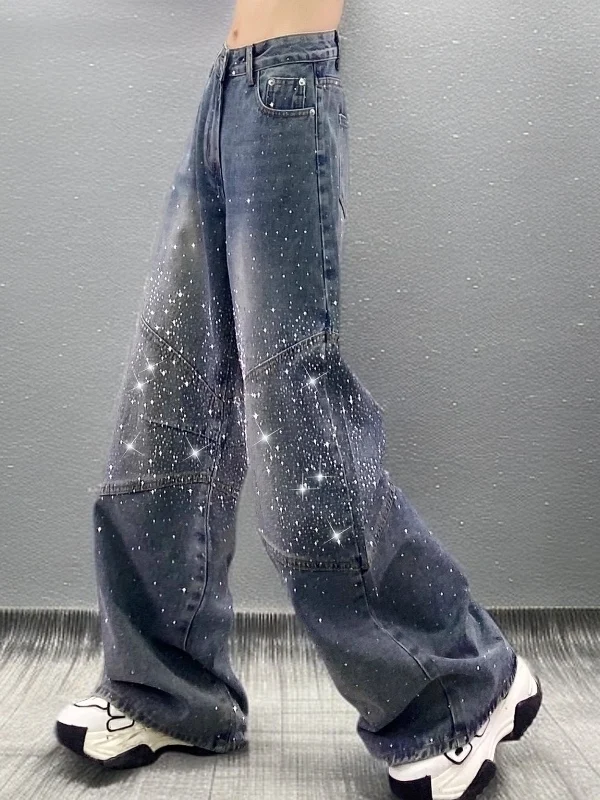 

Модные широкие джинсы с высокой талией в стиле ретро, женские свободные джинсовые брюки с бриллиантами, повседневные джинсовые брюки длиной до пола с высокой талией