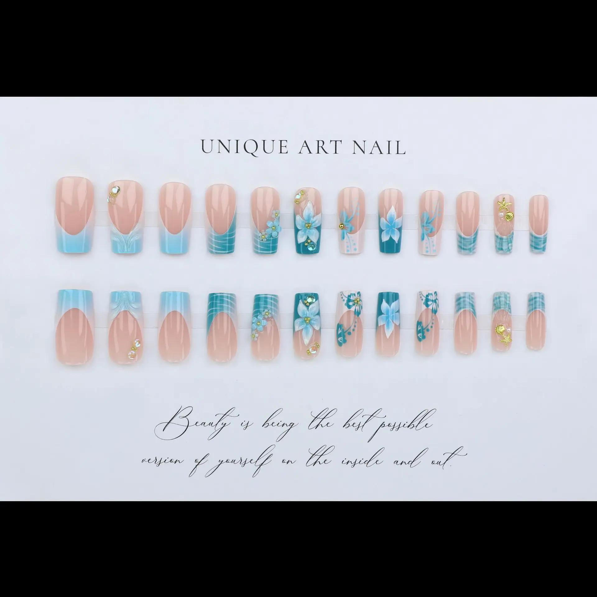 24枚入り フレッシュグリーン 3Dエンボス加工 花柄 フェイクネイル フレンチゴールドビーズ ファッション 付け爪 ヨーロッパアメリカンデザイン つけ爪セット