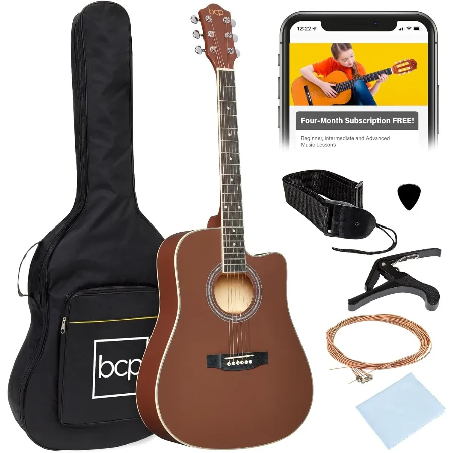 

41-inch full-size beginner acoustic guitar made entirely of wood with cutaway design ideal for home practice and casual perform